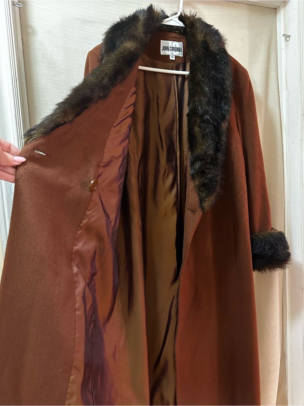 John Caruana Vintage 90s Wool Maxi Coat Faux Fur Collar Cuffs Glam Women’s - Picture 6 of 11